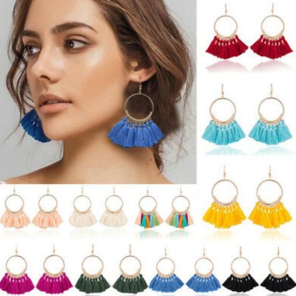 Fashion Bohemian Big Circle Tassel Earrings Blue - Picture 3 of 4